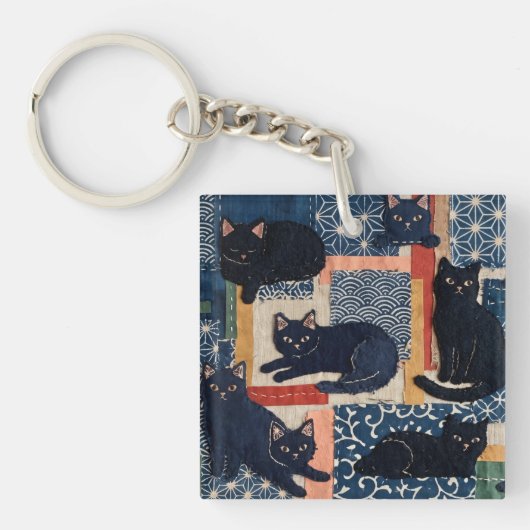 Moeilijke Japanse Zwarte Katten Patchwork Sleutelhanger (voorkant)