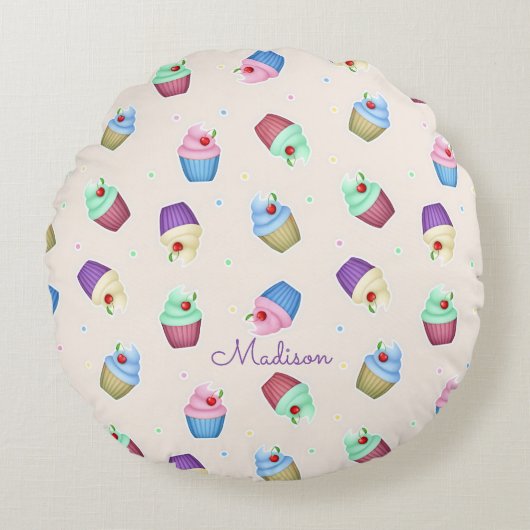 Moeilijke Kleurrijke Cupcakes Rond Kussen (Voorkant)