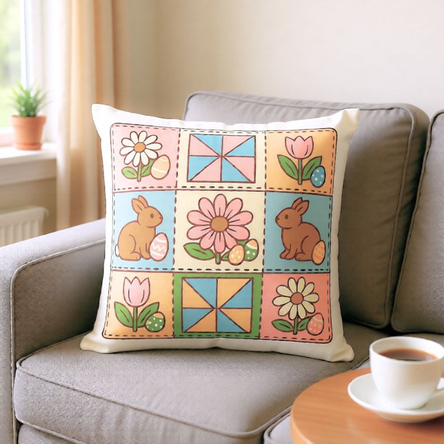 Moeilijke Pastel Paashaas Bloem Patchwork  Kussen (Creator heeft geüpload)