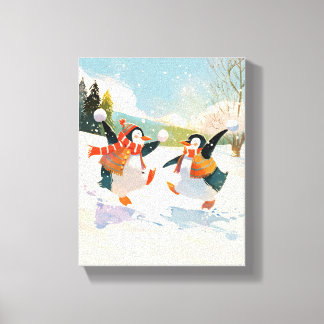 Moeilijke Pinguïns Spelen in Sneeuw Aquarel Kinder Canvas Afdruk