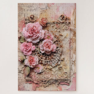 Moeilijke roze bloemen decoupage geïnspireerd legpuzzel