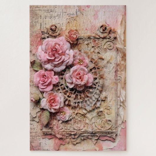 Moeilijke roze bloemen decoupage geïnspireerd legpuzzel (Verticaal)