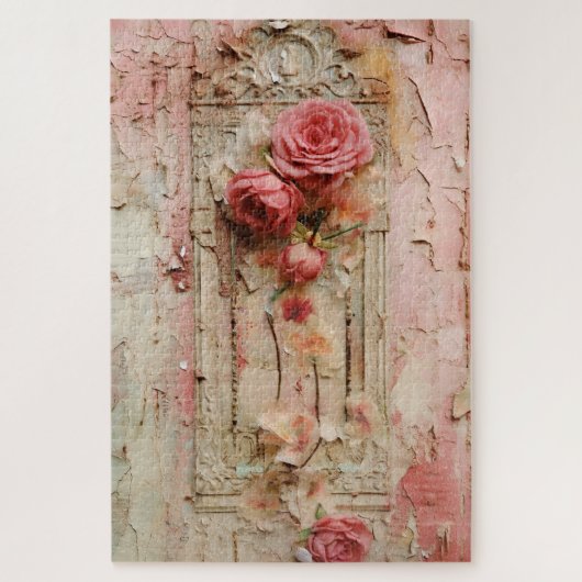 Moeilijke Roze Bloemen Grunge Decoupage Geïnspiree Legpuzzel (Verticaal)
