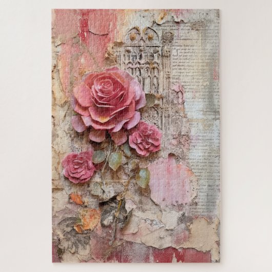 Moeilijke Roze Bloemen Grunge Decoupage Geïnspiree Legpuzzel (Verticaal)