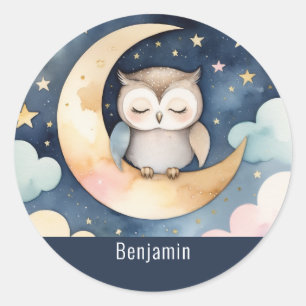 Moeilijke Slaande Uil op Maan Gepersonaliseerde Na Ronde Sticker