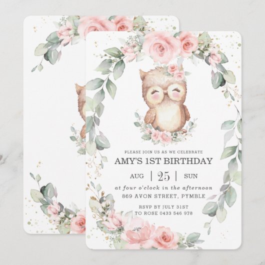 Moeilijke Uil Fantasie Roze Bloemige Groene Verjaa Kaart (Voorkant / Achterkant)