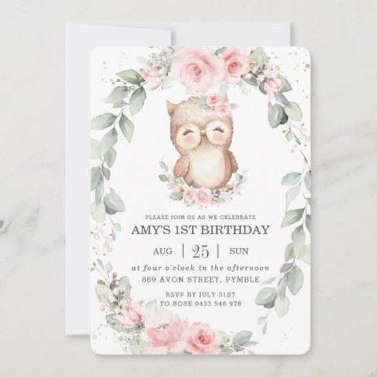 Moeilijke Uil Fantasie Roze Bloemige Groene Verjaa Kaart (Voorkant)