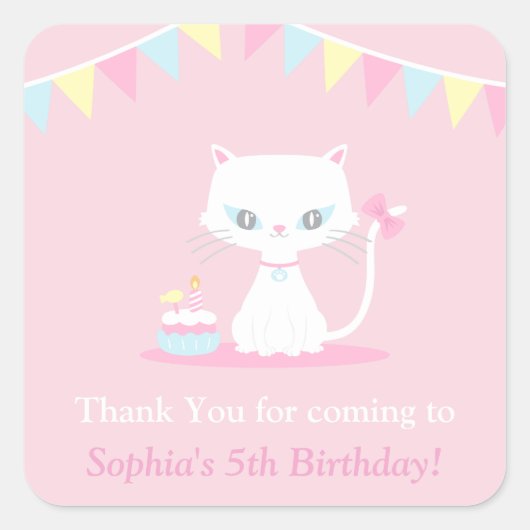 Moeilijke Witte Kitty Kat Bedankt Feest Stickers (Voorkant)