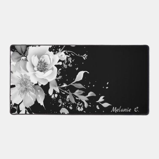 Moeiteloze Elegantie Zwart & Wit Bloemen w / Naam Bureaumat (Voorkant)