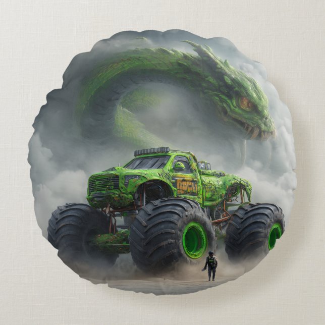 Moerasbeest: Giftige Schedel Monstertruck Rond Kussen (Voorkant)