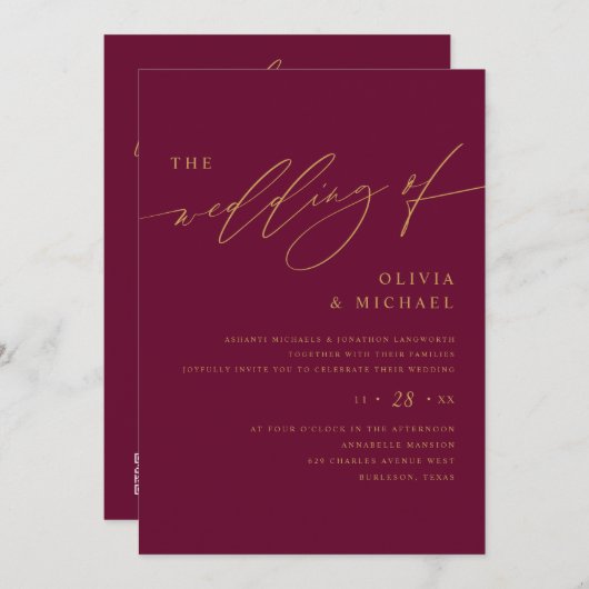 Moerbeien en Goud Elegant Bruiloft Kaart (Voorkant / Achterkant)