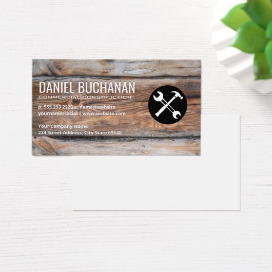Moersleutel en Hammer | Achtergrond houten paneel Visitekaartje (Bureau)