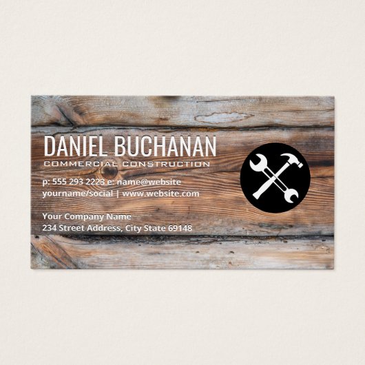 Moersleutel en Hammer | Achtergrond houten paneel Visitekaartje (Voorkant)