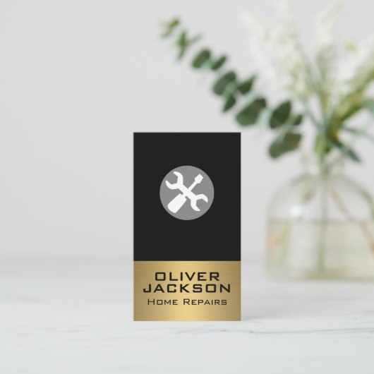 Moersleutel en schroevendraaier | Goud metaal Visitekaartje (Staand voorkant)