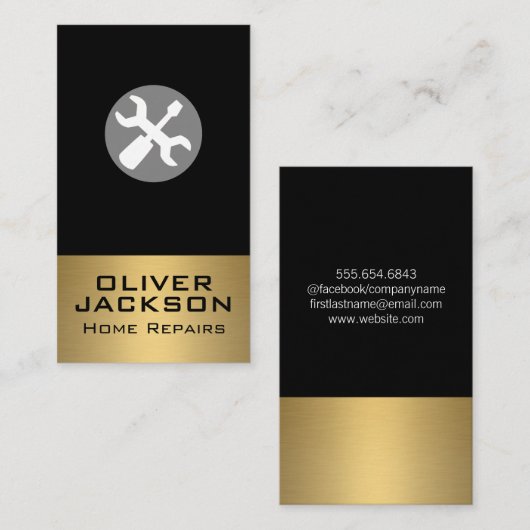 Moersleutel en schroevendraaier | Goud metaal Visitekaartje (Voorkant / Achterkant)