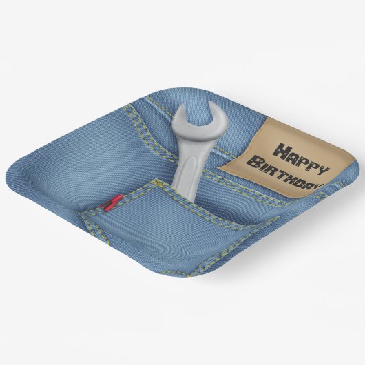 Moersleutel in zak voor verjaardag papieren bordje (Gebogen)