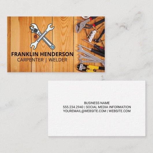moersleutels | Gereedschap op houten tafel Visitekaartje (Voorkant / Achterkant)