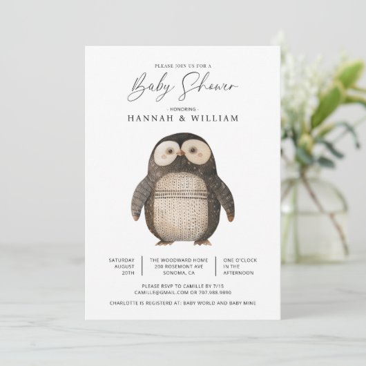 Moeze Gehaakte Pinguïn Baby Borrel Kaart (Staand voorkant)