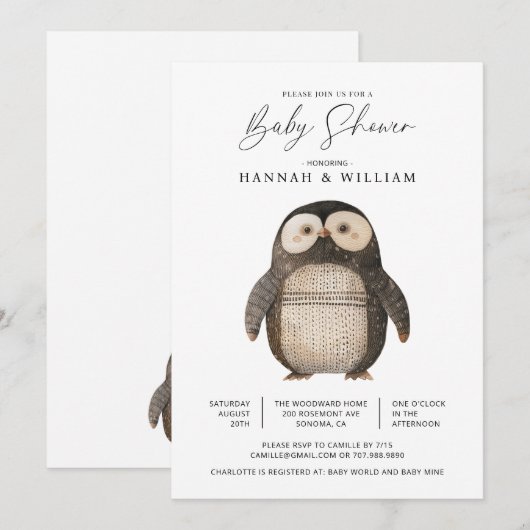 Moeze Gehaakte Pinguïn Baby Borrel Kaart (Voorkant / Achterkant)