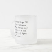 Moge God u hoop, vreugde en vredelievende Romeinen Matglas Koffiemok (Voorkant links)