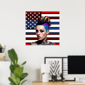 Mohawk Punk meisje met Amerikaanse vlag Poster (Thuiskantoor)