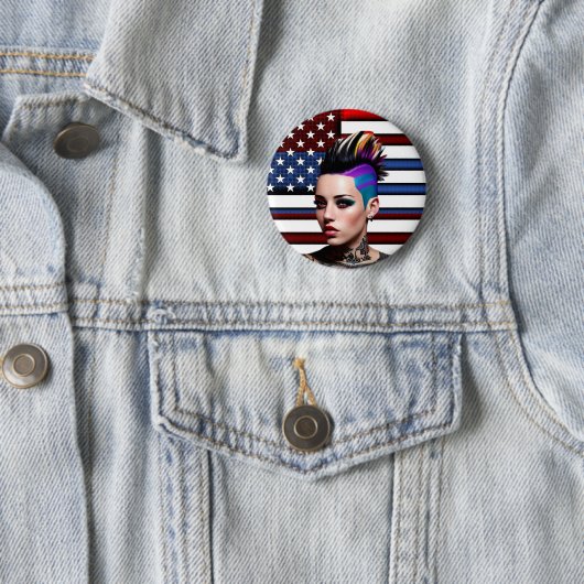 Mohawk Punk meisje met Amerikaanse vlag Ronde Button 5,7 Cm (In situ)