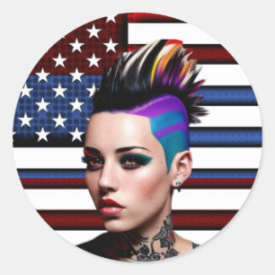 Mohawk Punk meisje met Amerikaanse vlag Ronde Sticker