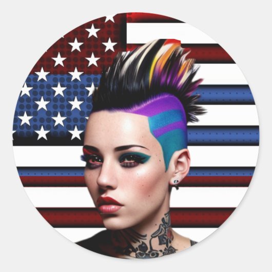 Mohawk Punk meisje met Amerikaanse vlag Ronde Sticker (Voorkant)