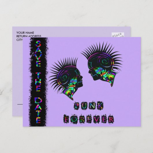 Mohawk slaan de datum briefkaart punk rock bruilof (Voorkant / Achterkant)