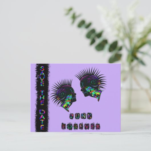 Mohawk slaan de datum briefkaart punk rock bruilof (Staand voorkant)