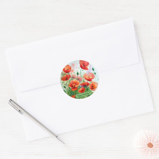 Mohnblumenwiese, Aquarell - Ronde Sticker (Envelop)