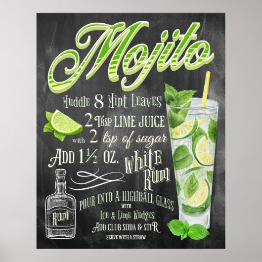 Mojito Cocktail Chalkboard Recipe Poster (Voorkant)