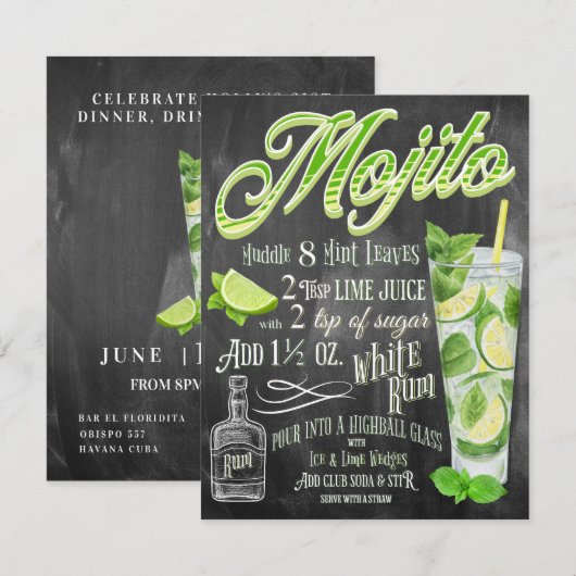 Mojito Cocktail Party Invitation (Voorkant / Achterkant)