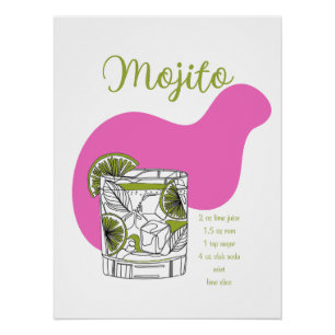 Mojito Recept Muurkunst Print, Cocktail Home Decor Perfect Poster