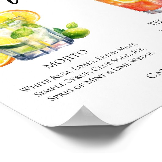 Mojito Tequila Sunrise Wedding Cocktails Menu Poster (Hoek)