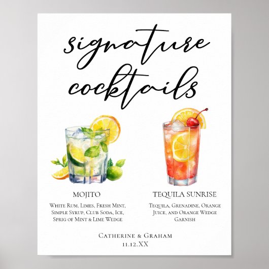 Mojito Tequila Sunrise Wedding Cocktails Menu Poster (Voorkant)