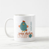 Mok blauwgroen en roestyarn Chicken Champion Coffe (Links)