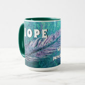 Mok blauwgroen en veren Ovarium Cancer Hope (Voorkant links)