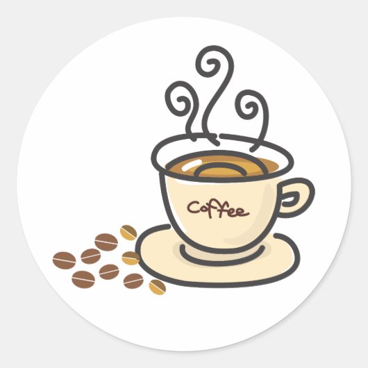 Mok en koffiebonen, warm koffie ronde sticker (Voorkant)