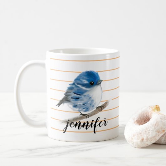 Mok gepersonaliseerde Whimsical Blue Warbler Bird (Met donut)