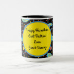 Mok "Hanukkah Paisley Dreidels and Stars"<br><div class="desc">Mok "Hanukkah Paisley Dreidels and Stars." Personaliseer u door uw eigen woorden te typen met uw favoriete lettergrootte, stijl en kleur. De zeepbel (Geel woord kan worden verplaatst of verwijderd, als u het ontwerp liever gewoon zonder tekst hebt.) Geniet van deze Hanoeka-mok voor jezelf of voor iemand op je cadeaulijst....</div>