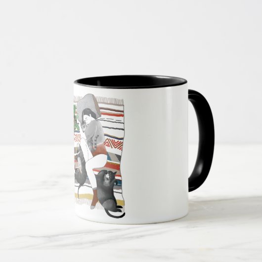 Mok | Het meisje ligt bij drie katten en een plant (Voorkant rechts)