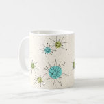 Mok Iconic Atomic Starbursts<br><div class="desc">Dit Iconisch atoomstootpatroon barst het patroon van de Mok van de Iconische atomaire Stroom kenmerkt iconische atomaire sterrenbursts. Dat klopt! De oude school, crèmekleurige achtergrond met gouden spugen is de perfecte achtergrond voor de levendige turquoise, het kalkselderij en kitschy peren groene cirkels. De vlekken van kleur worden sporadisch geplaatst in...</div>