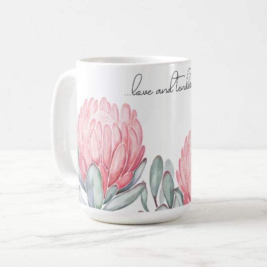 Mok ingericht met charmante, delicate bloemen. (Voorkant links)