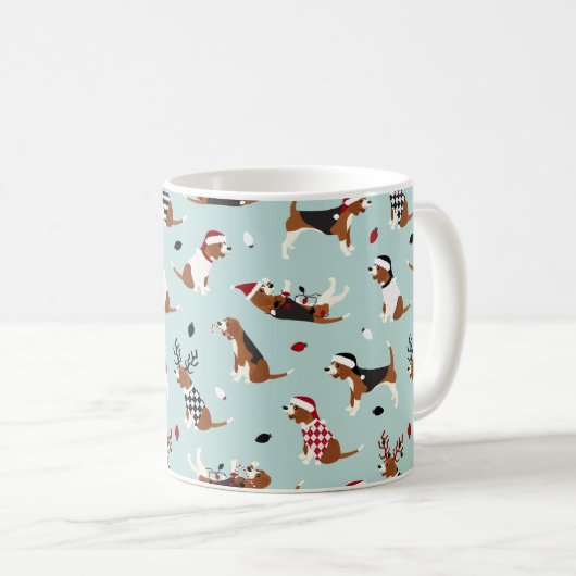 Mok kerstbeagles blauw koffie (Voorkant rechts)