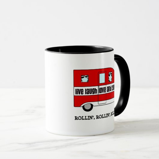 mok "LEVENDE LAUGH LOVE AND CAMP" (Voorkant rechts)