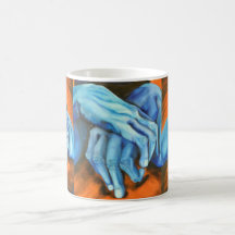 Mok met blauwe handen kunst designer