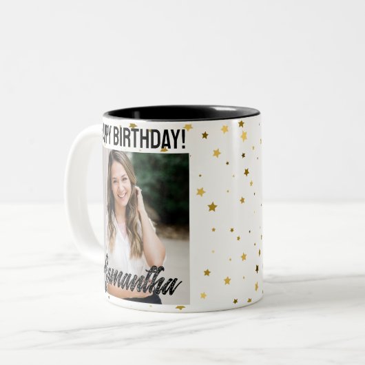 Mok met eigen foto gelukkige verjaardag voor haar  (Voorkant links)