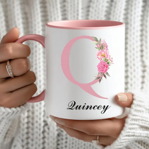Mok met eigen naam Roze bloemen Kerstcadeau voor m