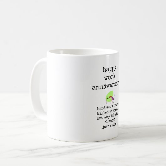 Mok met Funny Quote, Happy Work Jubileum (Voorkant links)